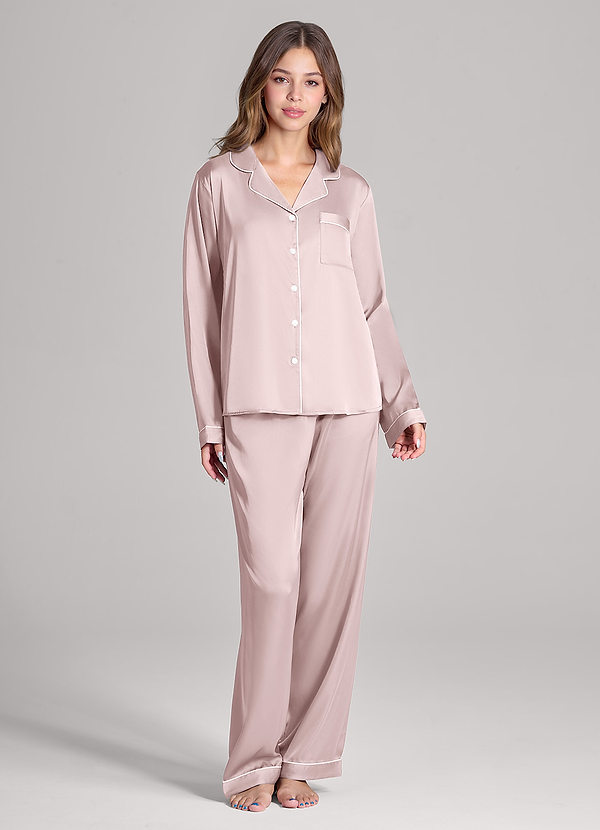 front Bijpassende kleur satijnen pyjamaset met lange mouwen en broek