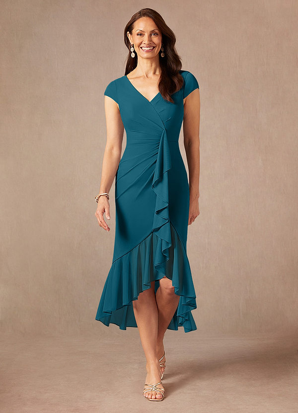 Azazie Renetta Mother of the Brides Dresses Ink Blue Sheath V-Neck Pleated Mesh Dress image1