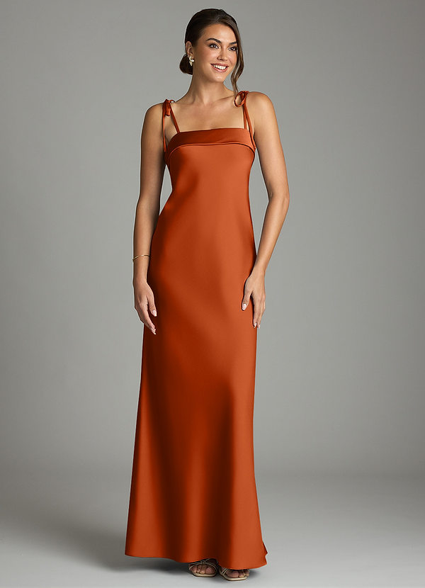 Azazie Ellia Bridesmaid Dresses Burnt Orange Sheath Bow Stretch Satin Dress image1