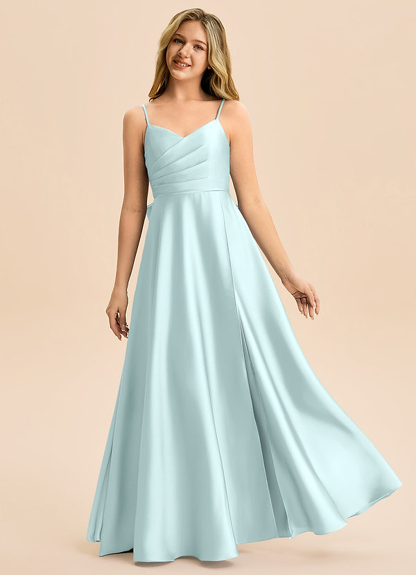 Azazie Rumi Junior Linia A Pofałdowany Satyna elastyczna Długość podłogi Młodsza druhna Sukienka image1