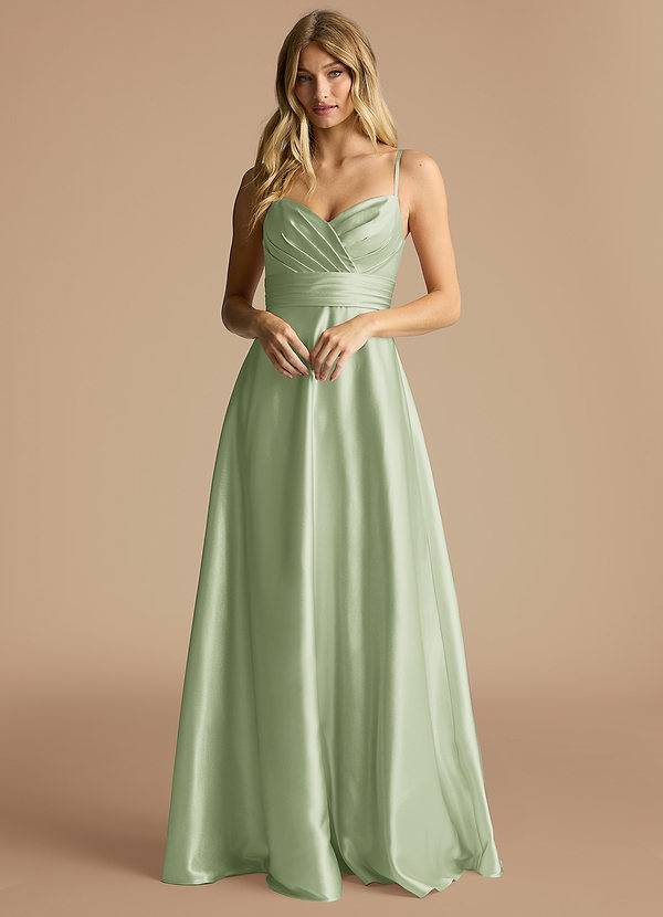 Azazie Oliana Abiti da Damigella Abito A-Line in Raso Metallizzato Scollo a Cuore Verde Salvia image1