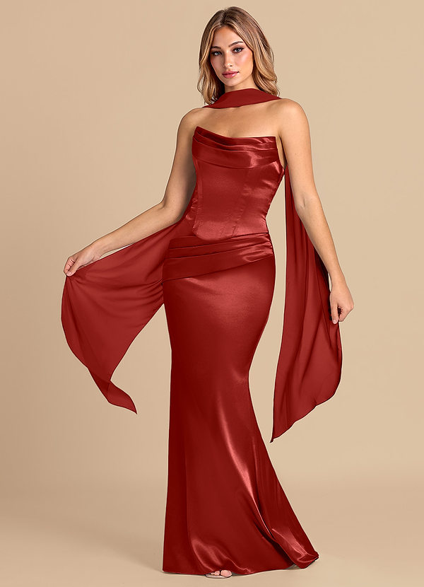 Azazie Sorrel Bridesmaid Dresses Rust Mermaid Corset Metallic Satin Convertible Dress image1