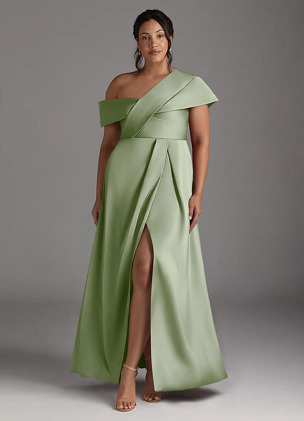 Azazie Milton Mother of the Brides Dresses Dusty Sage A-Line Pleated Stretch Satin Dress image1