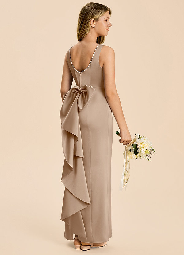 Azazie Emi Junior Taupe Sheath Bow Stretch Satin Dress image1