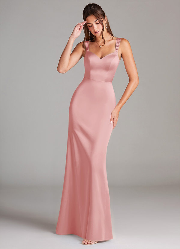 Azazie Denice Robes Demoiselle d'honneur Robe Fourreau en Satin extensible Plissée Rose Poudré image1