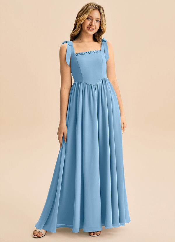 Azazie Delia Junior Abito A-Line in Chiffon Fiocco Blu Acciaio image1