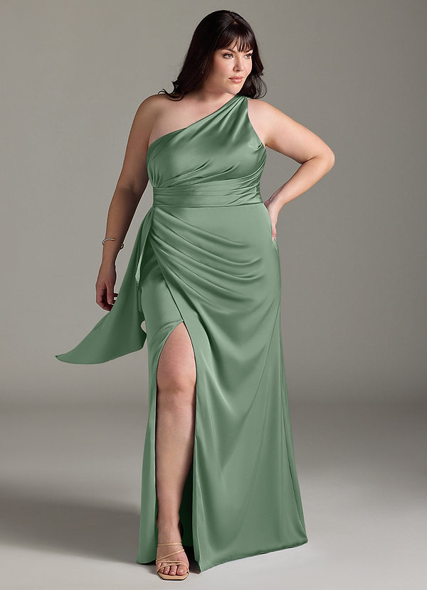 Azazie Maive Brautjungfernkleider Etui Gestreift Stretch-Satin Kleid Matcha image1