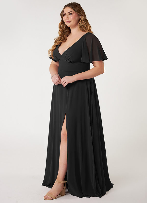 Azazie Kimber Bridesmaid Dresses Black Flowy Flounce Sleeve Chiffon Dress image1