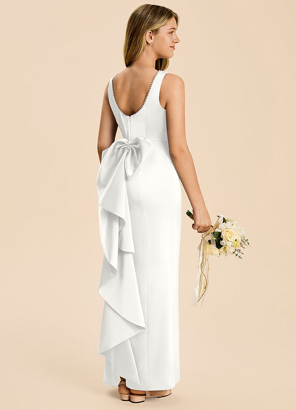 Azazie Emi Junior White Sheath Bow Stretch Satin Dress image1