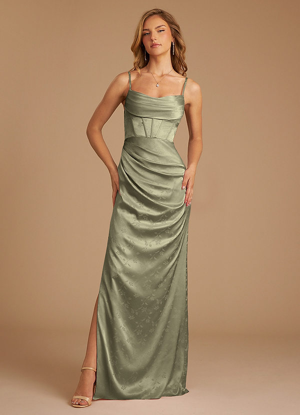 Azazie Mai Bridesmaid Dresses Olive Floral Jacquard Sheath Pleated Floral Jacquard Dress image1