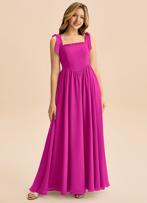 Azazie Delia Junior Abito A-Line in Chiffon Fiocco Fucsia image1
