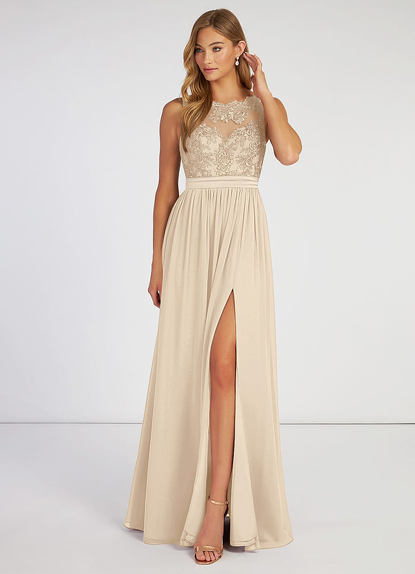 Azazie Elly Bridesmaid Dresses Robe A-ligne en Mousseline de soie Col V en dentelle Champagne image1