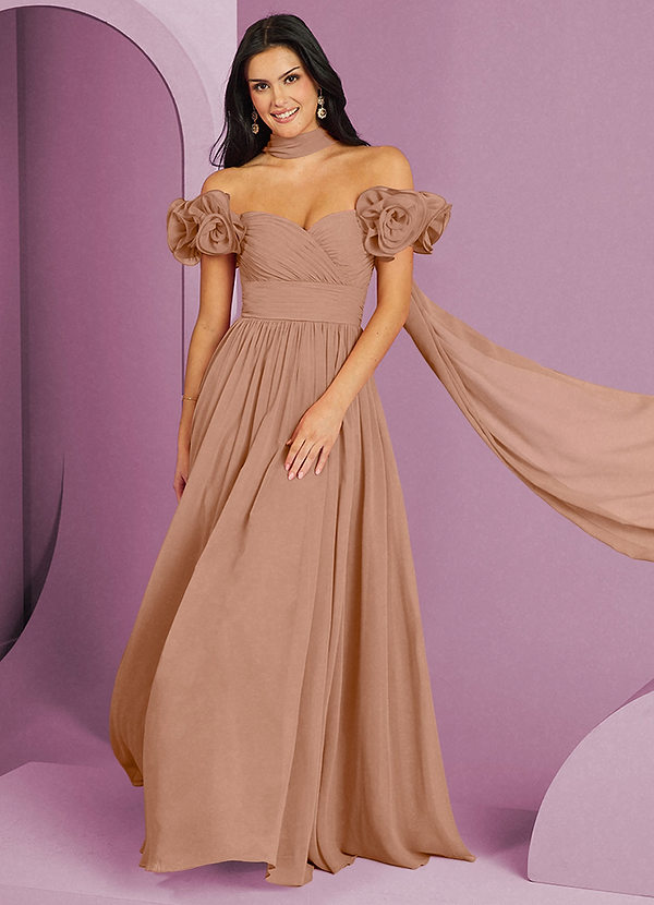 Barbie ♥ Azazie Suknie dla druhen Rozkloszowana sukienka z odkrytymi ramionami, falbaną i rozetkami image1