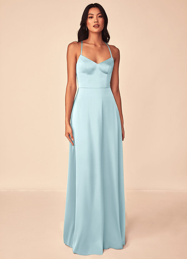 Azazie Mei Brautjungfernkleider A-Linie V-Hals Stretch-Satin Kleid Wolke Blau image1