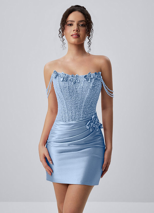 Ophelianaire Himmelblau Minikleid aus Stretch-Satin mit Korsett-Verzierung, Perlenstickerei, Strasssteinen, 3D-Blumen und Korsett-Details image1