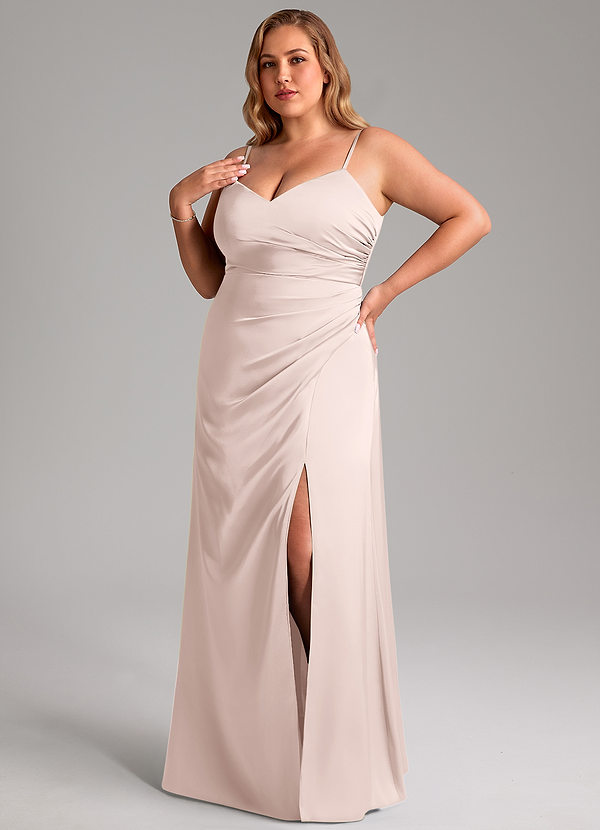 Azazie Azuree Bridesmaid Dresses Blushing Pink A-Line Pleated Stretch Satin Dress image1