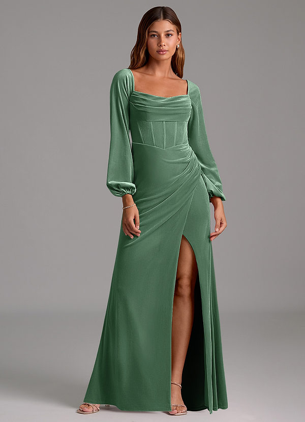 Azazie Charissa Abiti da Damigella Abito Tubino in Velluto Manica Lunga Eucalipto image1