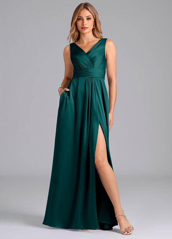 Azazie Karina Bridesmaid Dresses Peacock A-Line Pleated Stretch Satin Dress image1
