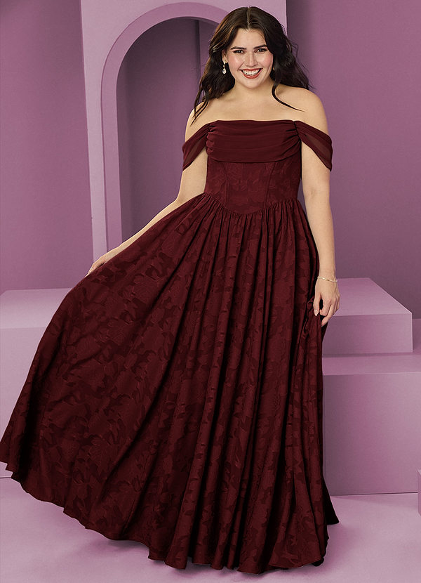 Barbie ♥ Azazie Bridesmaid Dresses Cabernet A-Line Off the Shoulder Floral Burnout Convertible Dress image1