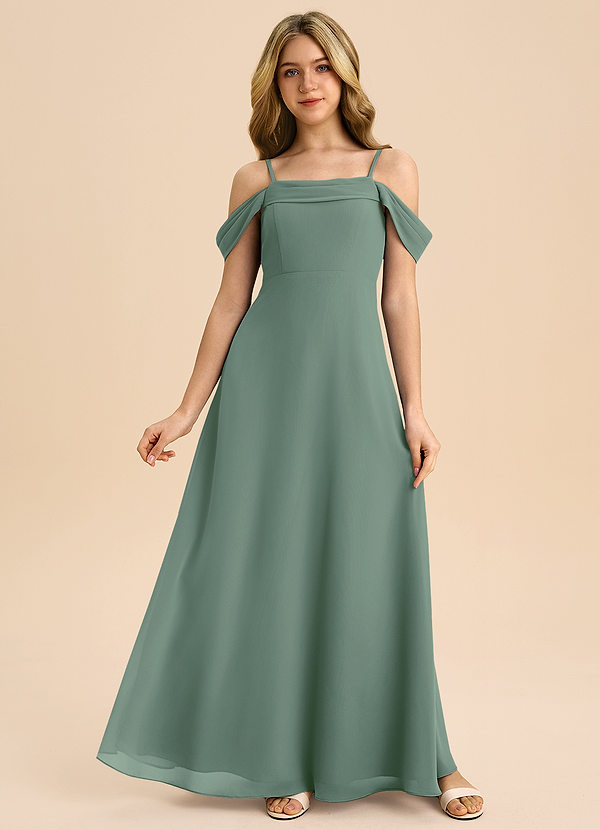 Azazie Anselie Junior A-Linie Schulterfrei Chiffon Kleid Eukalyptus image1