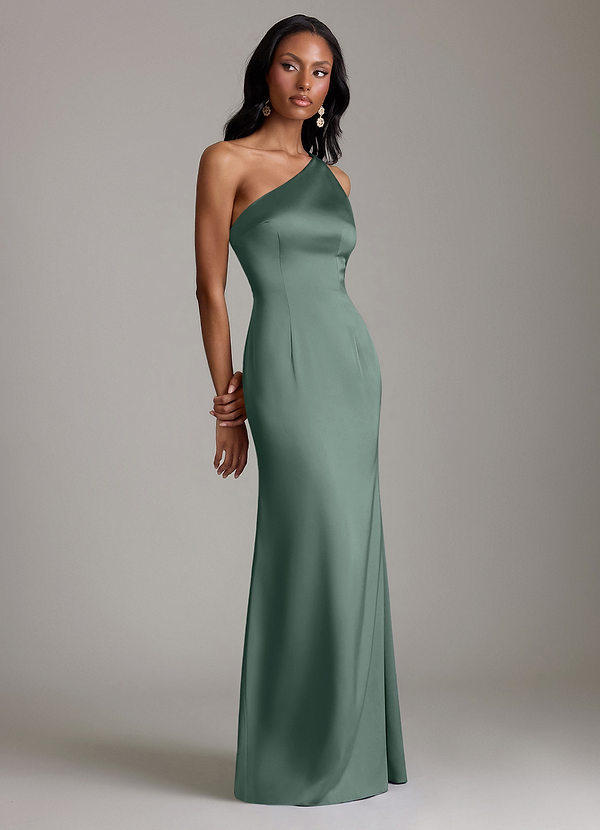 Azazie Voni Abiti da Damigella Abito Sirena in Raso Elasticizzato Monospalla Muschio Marino image1