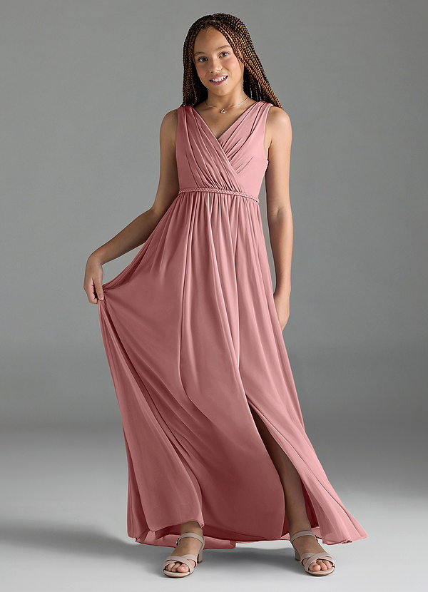 Azazie Tanicia Junior Dusty Rose A-Line Mesh Dress image1