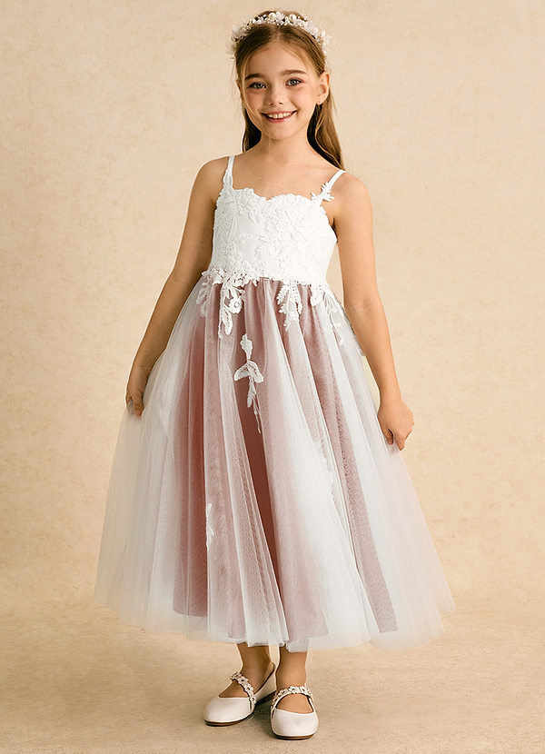 Azazie Coraline Sukienki dla dziewczynek sypiących kwiaty Linia A Koronka Sznurówka Długość kostki Sukienka image1