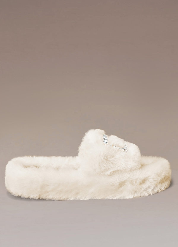 front Rhinestone Furry Platform Slippers