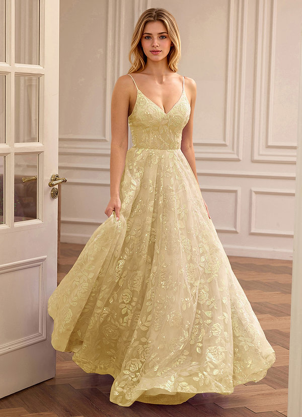 Juliette Yellow V-neck A-line Sequin Embroidery Floral Prom Dress image1