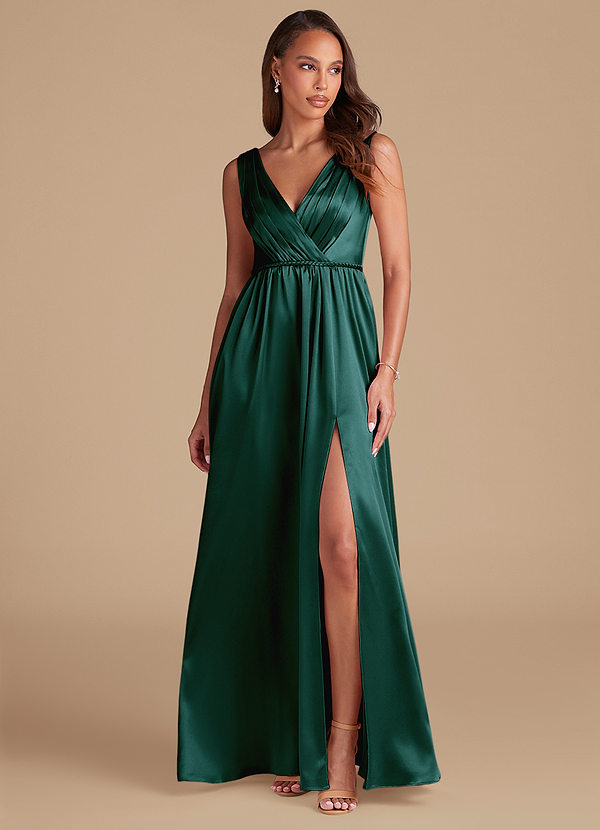 Azazie Tanicia Bridesmaid Dresses Pine A-Line Pleated Metallic Satin Dress image1