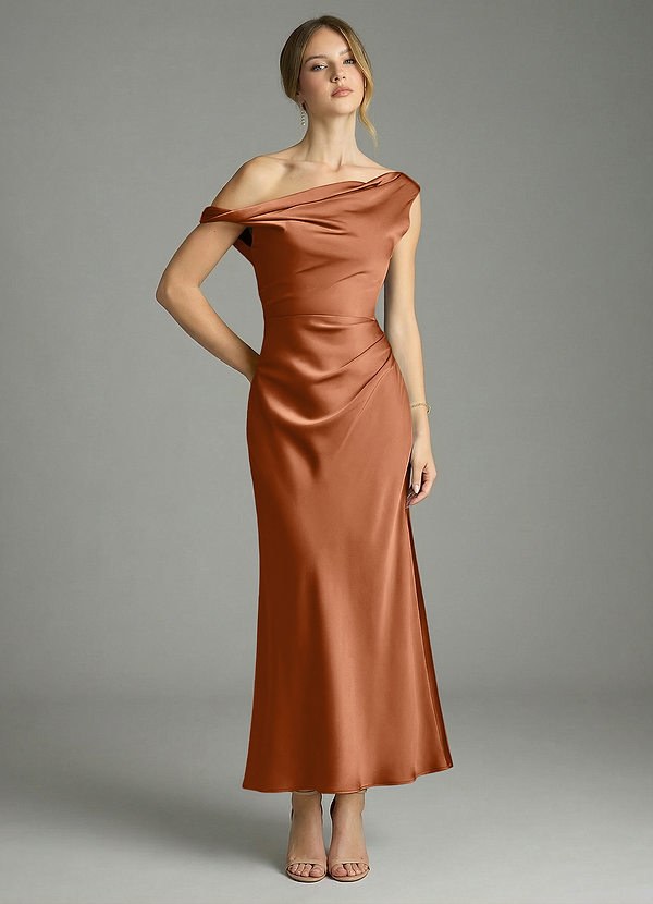 Azazie Emerson 신부 들러리 드레스 인어 오프 더 숄더 스트레치 새틴 발목 길이 드레스 image1