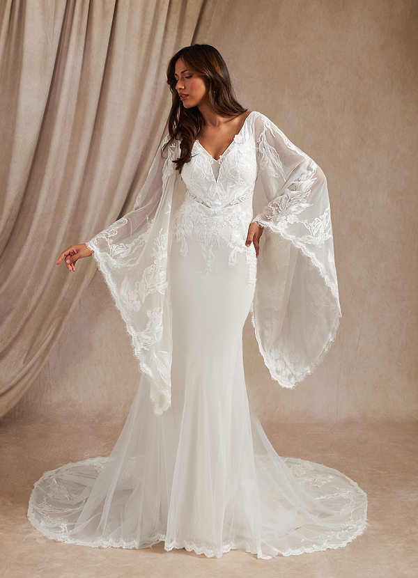 Azazie Harmonia Wedding Dresses Mermaid Sequins Tulle Chapel Train Dress image1
