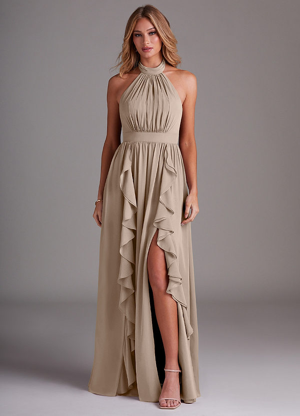 Azazie Avary Bridesmaid Dresses Taupe A-Line Pleated Chiffon Dress image1