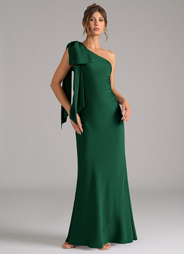 Azazie Capri Robes Demoiselle d'honneur Robe Sirène en Satin extensible Ue épaule Vert Foncé image1