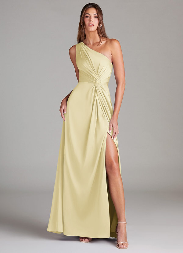 Azazie Brooke Brautjungfernkleider A-Linie One-Shoulder Stretch-Satin Kleid Zitronensorbet image1