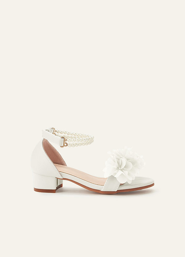 front 3D Chiffon Floral Pearl Ankle Strap Open Toe Flower Girl's Block Heels for Little & Big Kids