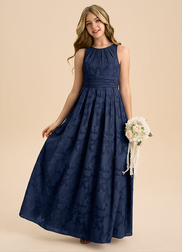 Azazie Bibiane Junior A-Linie Plissee Blumen-Burnout Kleid Dunkelmarine image1