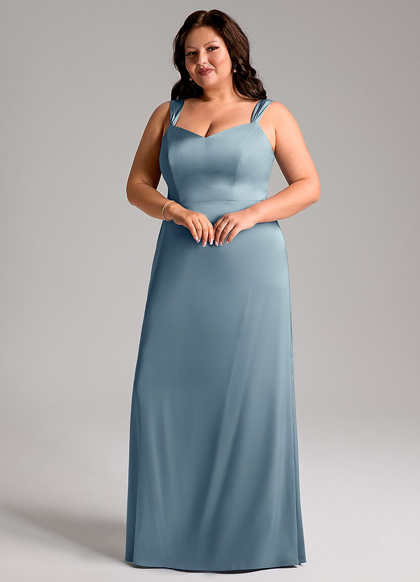Azazie Denice Bridesmaid Dresses Dusty Blue Sheath Pleated Stretch Satin Dress image1