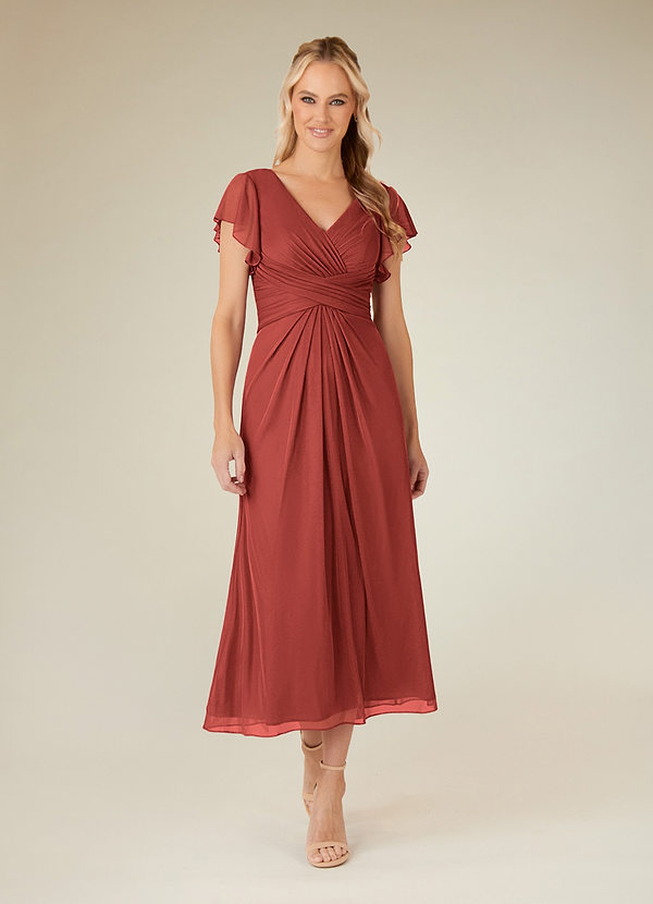 Azazie Vera Robe Mère de la Mariée & du Marié Robe Trapèze en Maille Col V plissé Terracotta image1