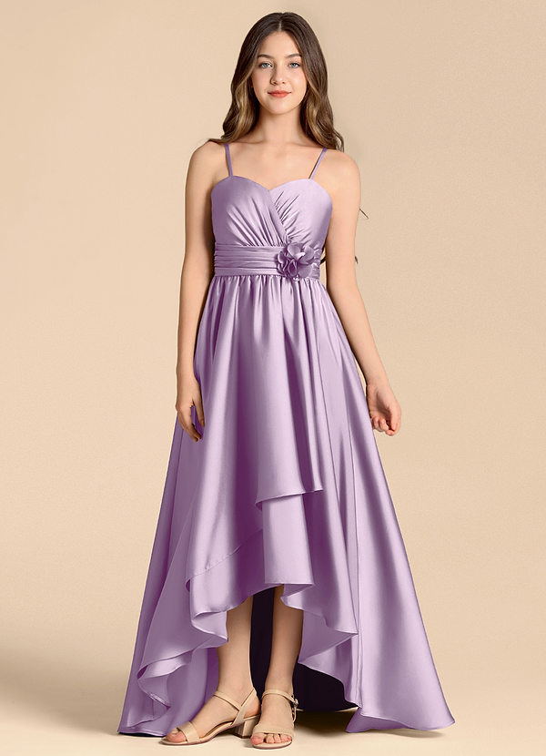 Azazie Catalina Junior Abito A-Line in Raso Elasticizzato Scollo a Cuore Lilla Glassato image1