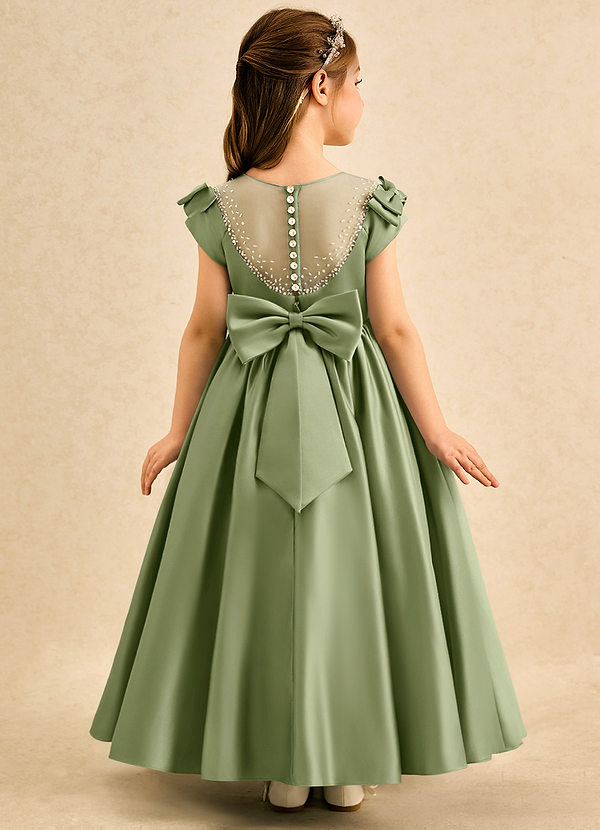 Azazie Toffee Abiti da Damigella Bambina Abito Stile Principessa in Raso Opaco Fiocco Pistacchio image1