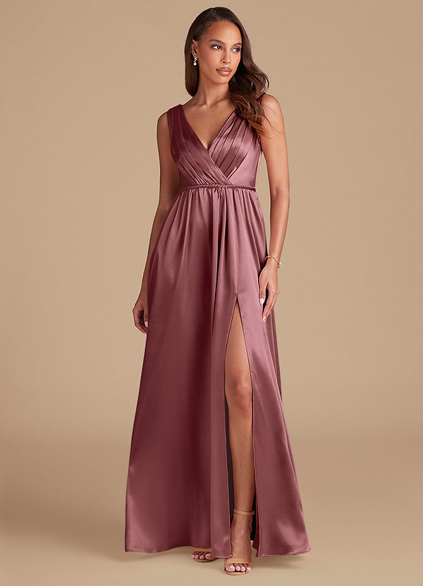 Azazie Tanicia Bridesmaid Dresses Vintage Mauve A-Line Pleated Metallic Satin Dress image1
