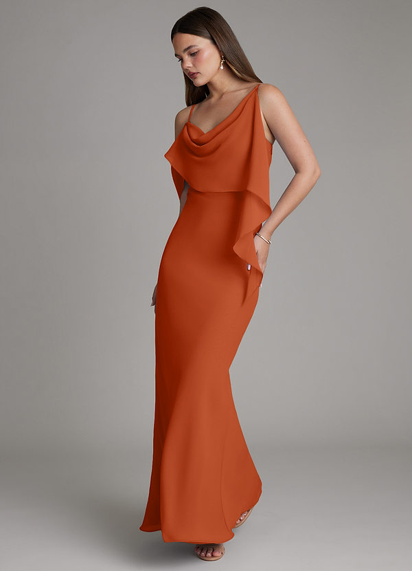 Azazie Yura Vestidos de dama de honor Vestido Naranja Quemada de Gasa de Corte Sirena con Hombros descubiertos image1