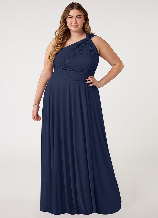 Azazie Charlize Bridesmaid Dresses Dark Navy A-Line One Shoulder Mesh Dress image1