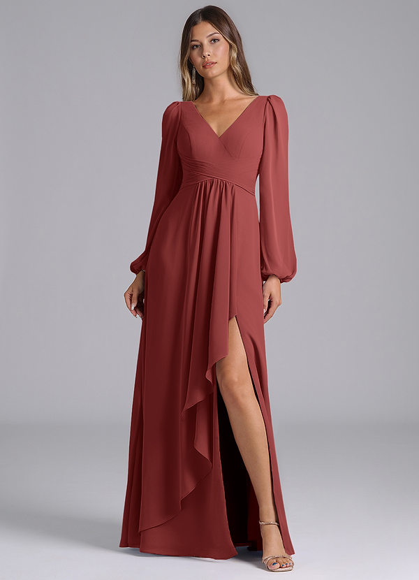 Azazie Liah Abiti da Damigella Abito A-Line in Chiffon Maniche Lunghe Terracotta image1