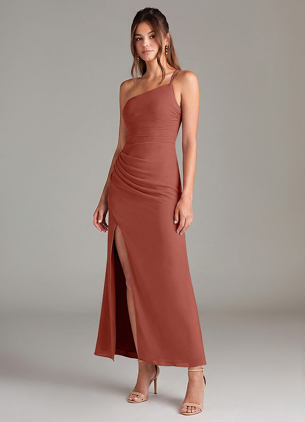 Azazie Eren 신부 들러리 드레스 인어 한쪽 어깨 쉬폰 발목 길이 드레스 image1