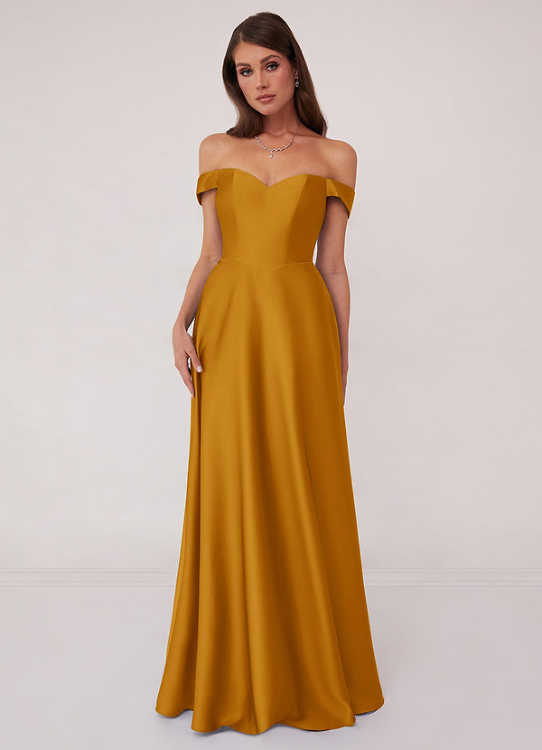 Barbie ♥ Azazie Bridesmaid Dresses Butterscotch A-Line Off the Shoulder Stretch Satin Convertible Dress image1