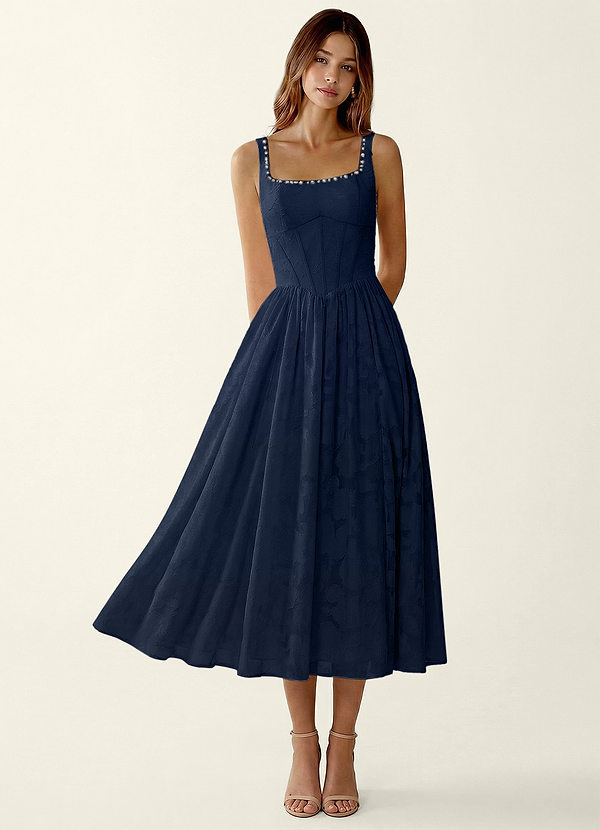 Ottavia Navy Jacquard Midi A-line Graduation Dress image1