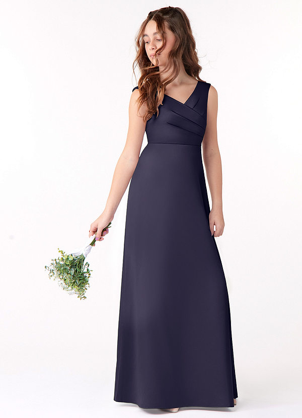 Azazie Sadia Junior Stormy A-Line Pleated Stretch Satin Dress image1