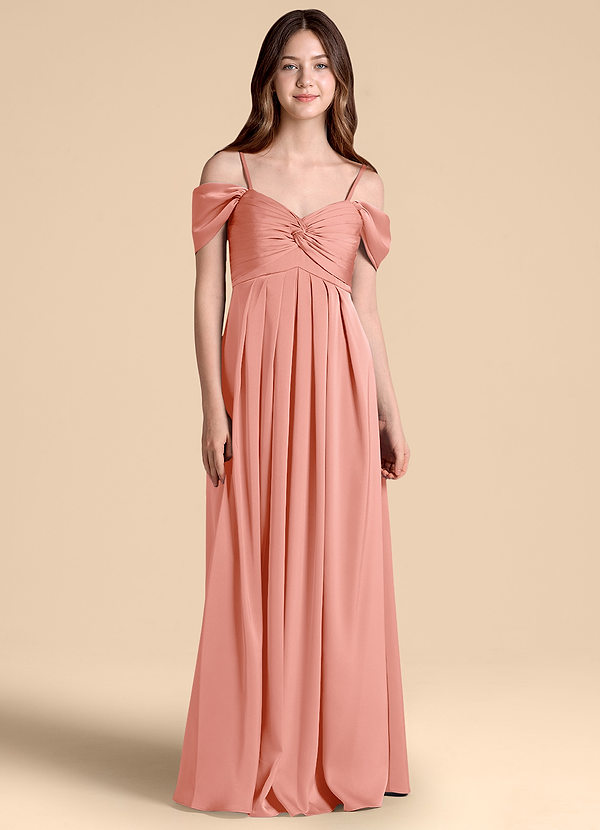 Azazie Kaitlynn Junior Vestido de Coral de Satén Elástico de Corte en A con Vestidos sin tirantes image1